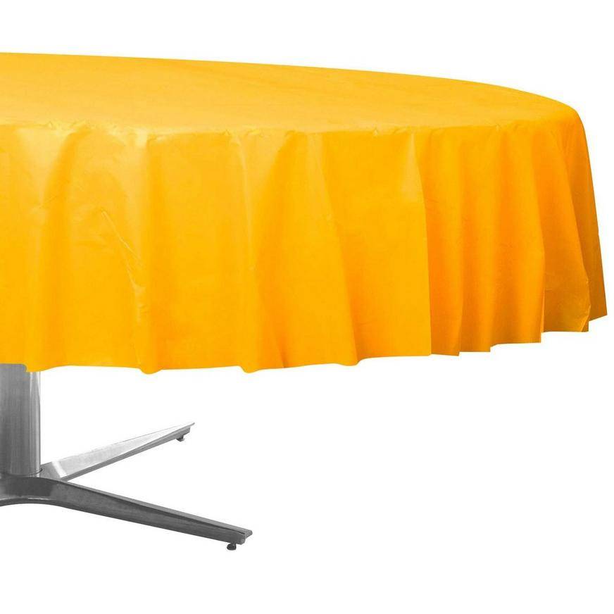 Yellow Round Plastic Table Cover, 84in