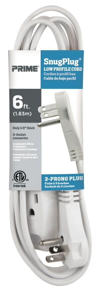 Prime Snug Plug 3 Outlet Connector Low Profile Extension Cord, 6 ft, White