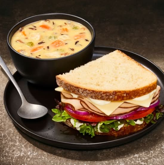 Turkey & Cheddar Sandwich & Cream of Chicken & Wild Rice Soup