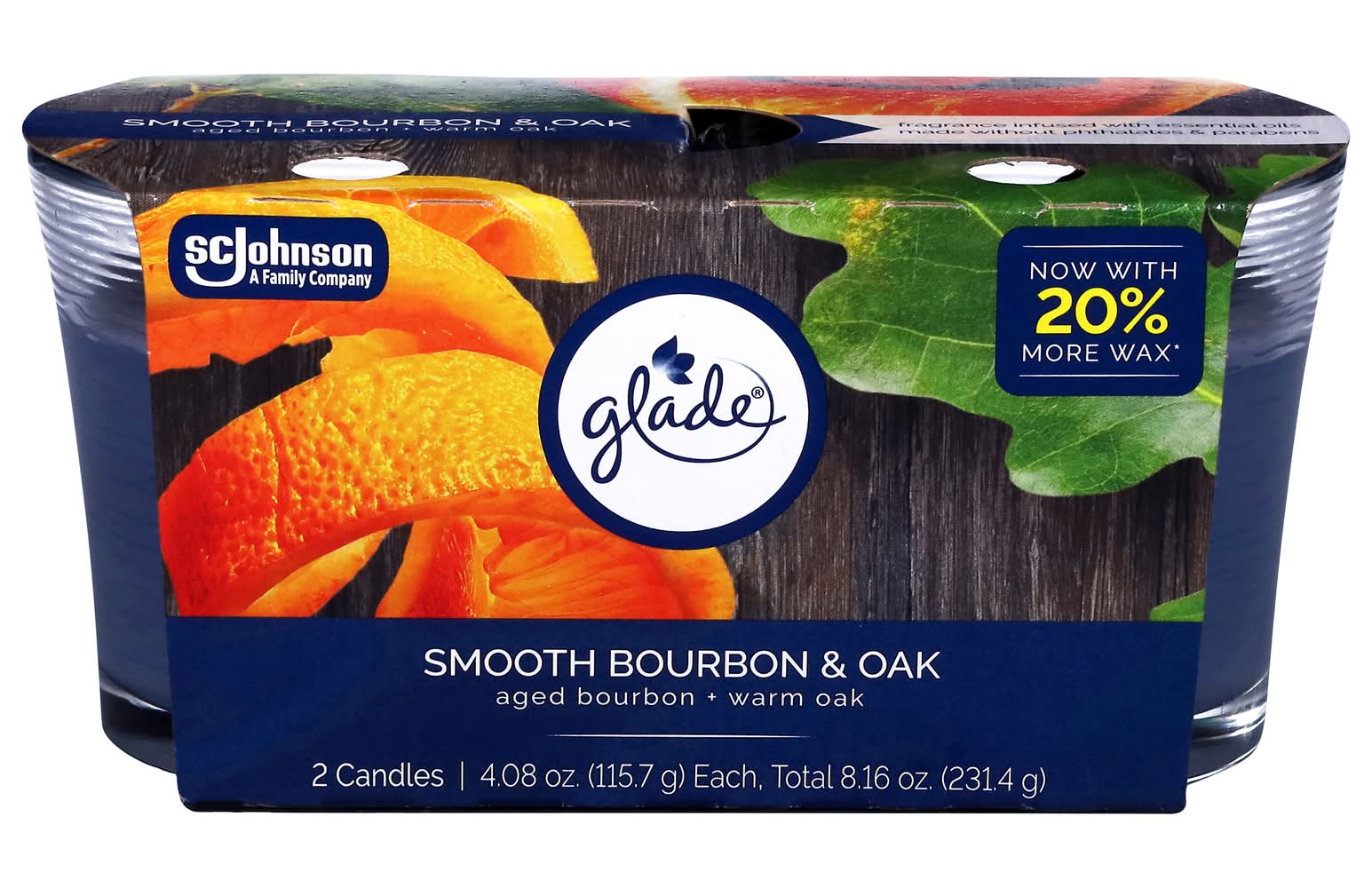 Glade Fragrance Infused With Essential Oils Scented Candles, Smooth Bourbon-Oak (2 x 3.4 oz)