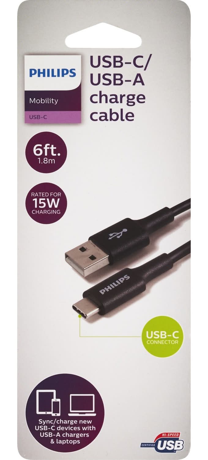 Philips Usb-A To Usb-C 15w Charge Cable, 6 In, Black