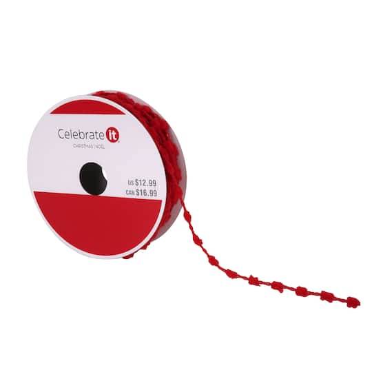 0.27" X 30Ft. Red Pom Pom Wired Trim Ribbon By Celebrate It Christmas