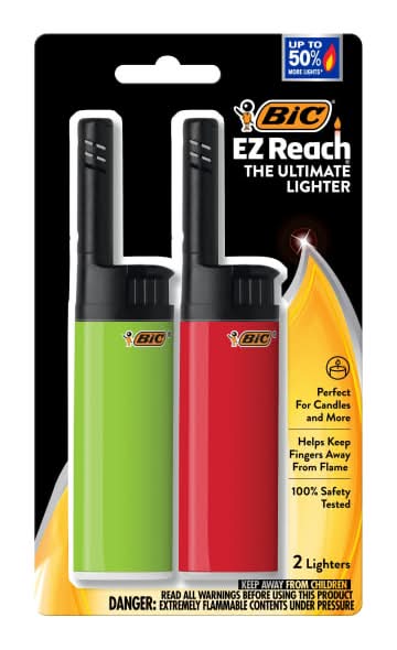 BIC EZ Reach Lighters With Extended Wands, 4-1/4"H x 1"W x 1/2"D, Assorted Colors, Pack Of 2 Lighters