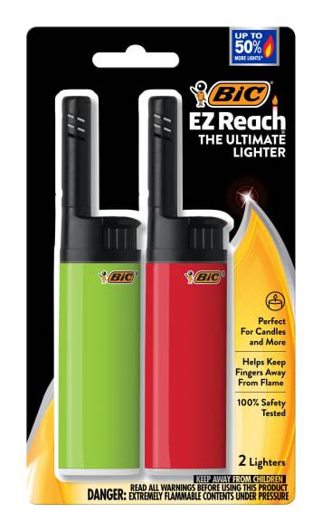 BIC EZ Reach Lighters With Extended Wands, 4-1/4"H x 1"W x 1/2"D, Assorted Colors, Pack Of 2 Lighters