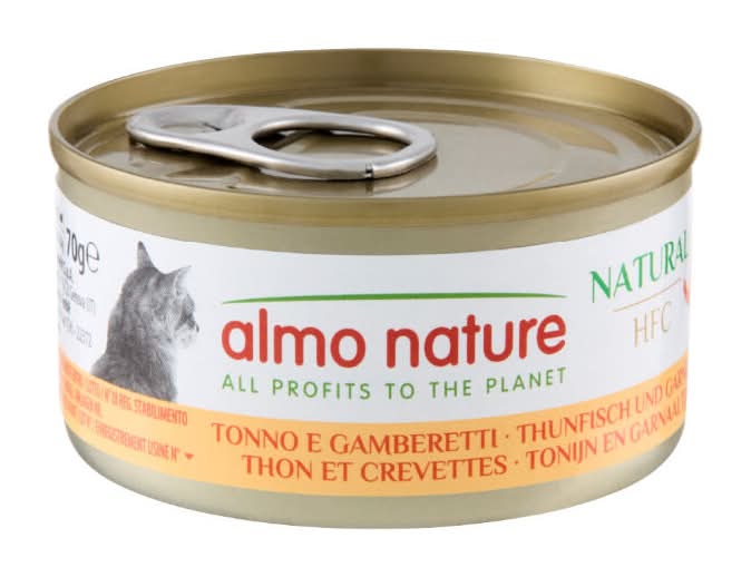 0.07 KG Almo Nature HFC Atún y Gambas lata para gatos
