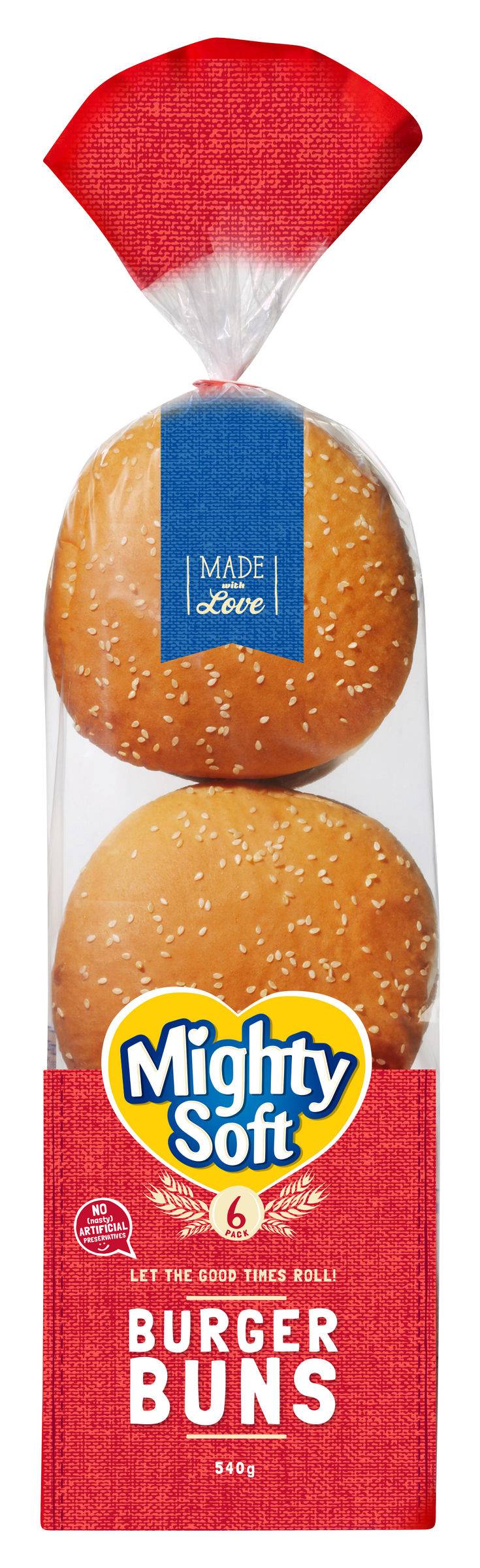 Mighty Soft Bread Rolls Hamburger Buns (540g, 6 pack)