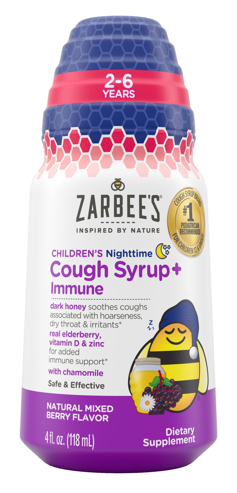 Zarbee's Mixed Berry Kids Cough Syrup + Immune Nighttime Honey, Vitamin D & Zinc Supplement (4 fl oz)