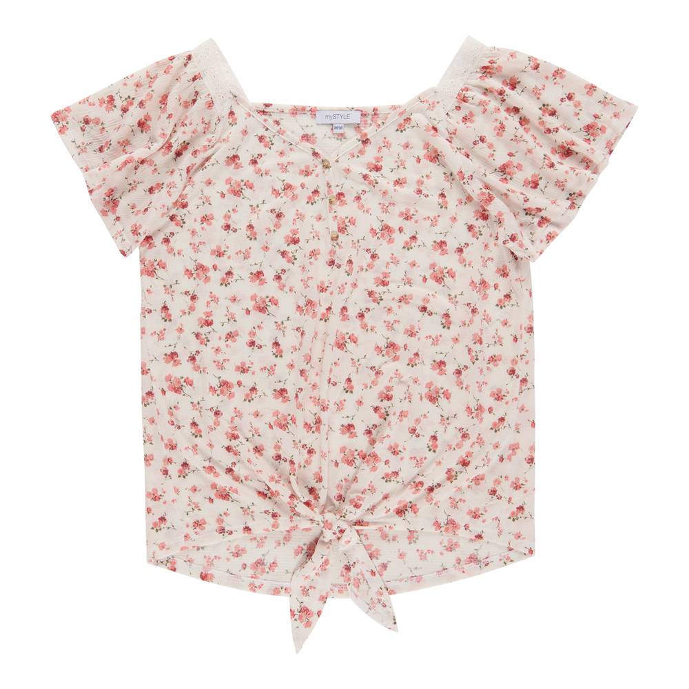 Chemise flottante nouée à l'avant à manches courtes Festival mySTYLE pour femmes (Grand, Floral blanc FL1) / mySTYLE Women's Festival Tie-Front Short Sleeve Flutter Shirt (L, White FL1)