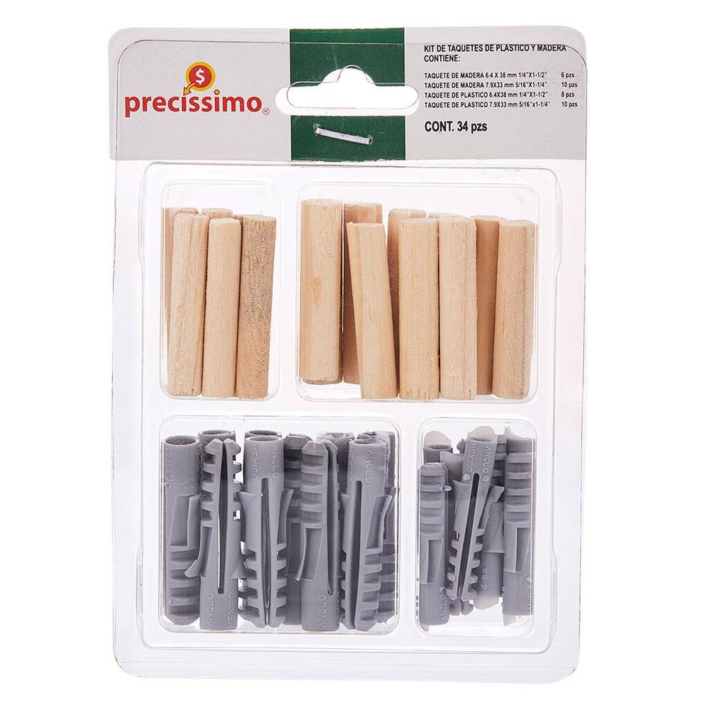 Precíssimo kit de taquetes de plástico y madera (blister 34 piezas)