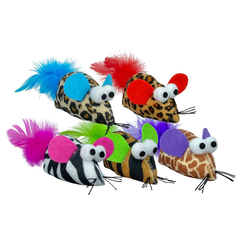 Multipet Safari Feather Plush Mice Cat Toys, Assorted (5 ct)