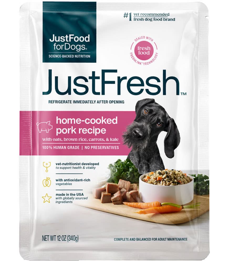 JustFoodforDogs JustFresh Home-Cooked Pork Recipe w/ Oats, Brown Rice, Carrots & Kale Adult Dog Food (12 oz)