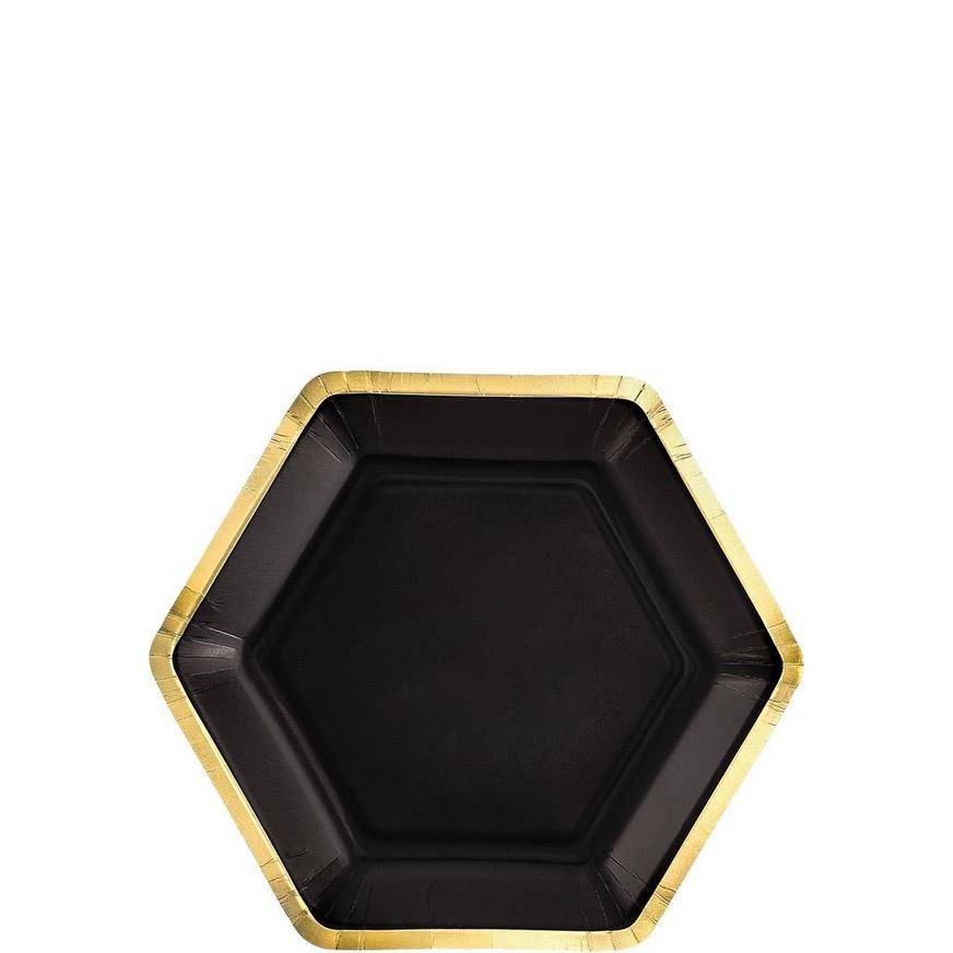 Black Metallic Gold-Trimmed Hexagonal Paper Dessert Plates, 7in, 8ct