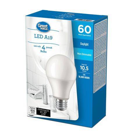 Great Value 60w A19 Daylight Led Bulbs 4-pack (non-dimmable, 800 lumens)