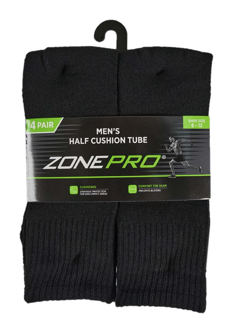 Zone Pro Men?S Half Cushion Black Tube Socks Size 6 To 12 4 Pk