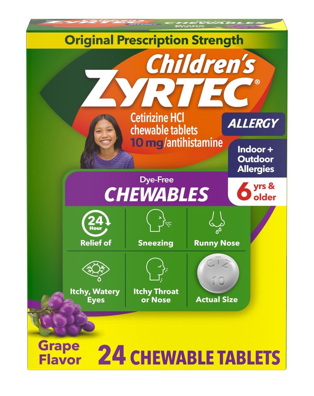 Zyrtec Children's Allergy Relief Cetirizine Chewable Tablets 10 mg 6+ Years, Grape (24 ct)
