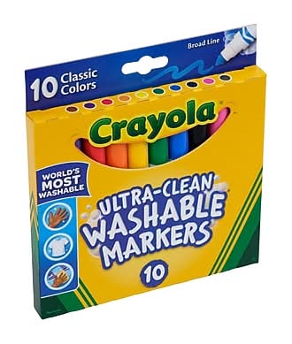 Crayola Ultra-Clean Washable Markers, Broad, Assorted Colors, 10/Pack (58-7851)