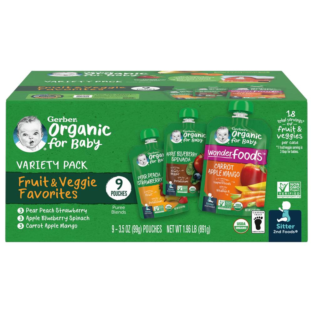 Gerber Organic For Baby Variety pack Fruit Veggie Favorites Baby Food (9 ct)