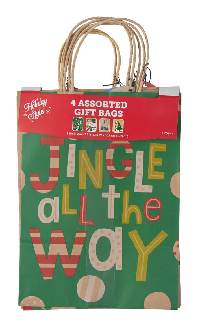 Holiday Style Christmas Kraft Gift Bags (4 ct)