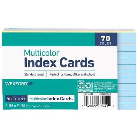 Wexford Multicolor Ruled Index Cards 3X5 - 70.0 ea