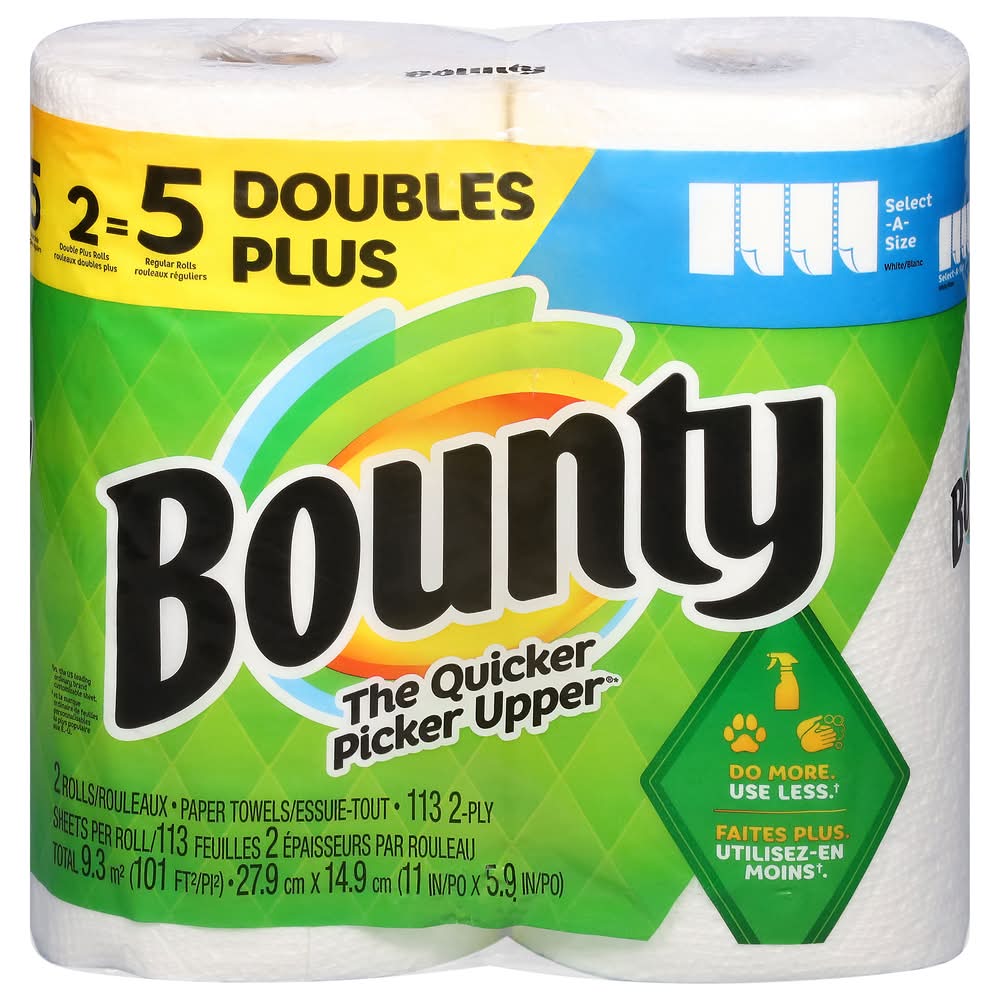 Bounty 2 Ply Double Plus Paper Towel Rolls, 11x5.9 in, White (2 ct)