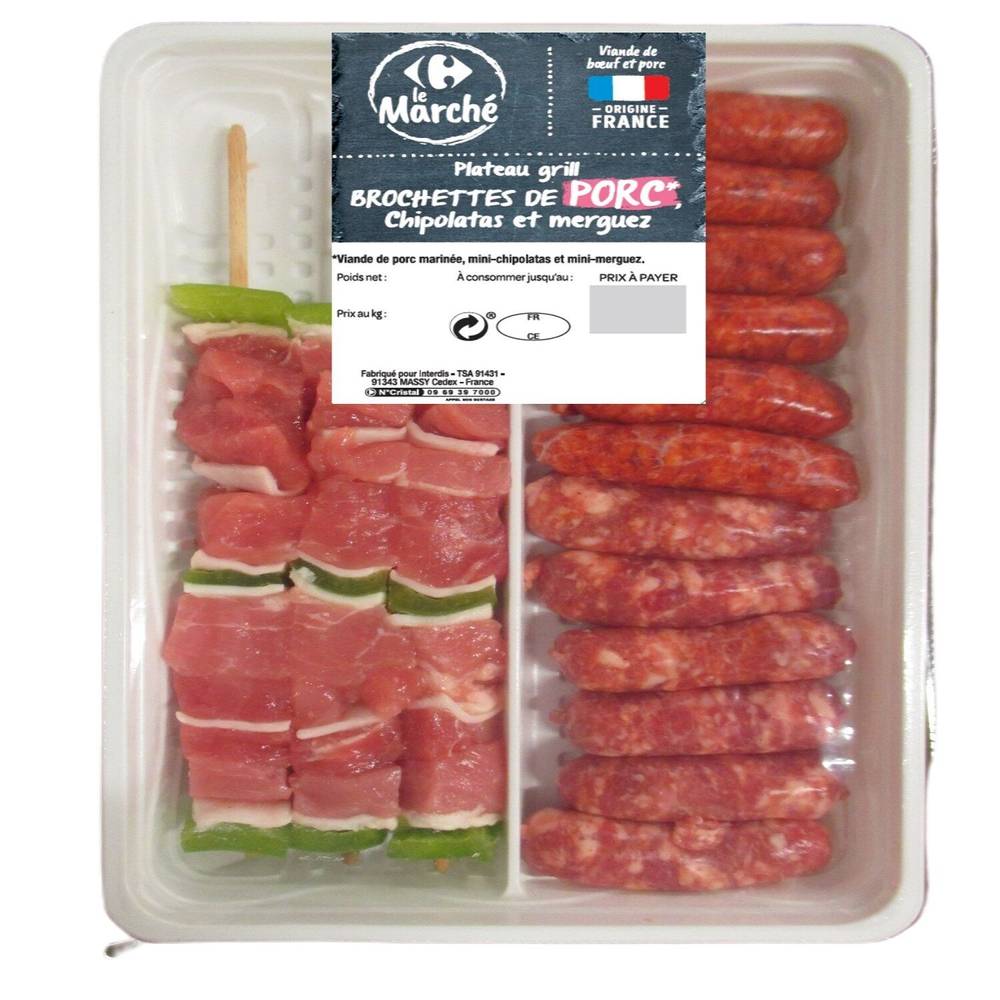 Carrefour Le Marché - Assortiment de viandes plateau grill avec brochettes de porc