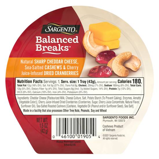 Order Sargento Balanced Breaks Sharp Cheddar with Cashews & Cranberry 1.5oz food online from Everyday Needs by Gopuff store, Ladera Ranch on bringmethat.com