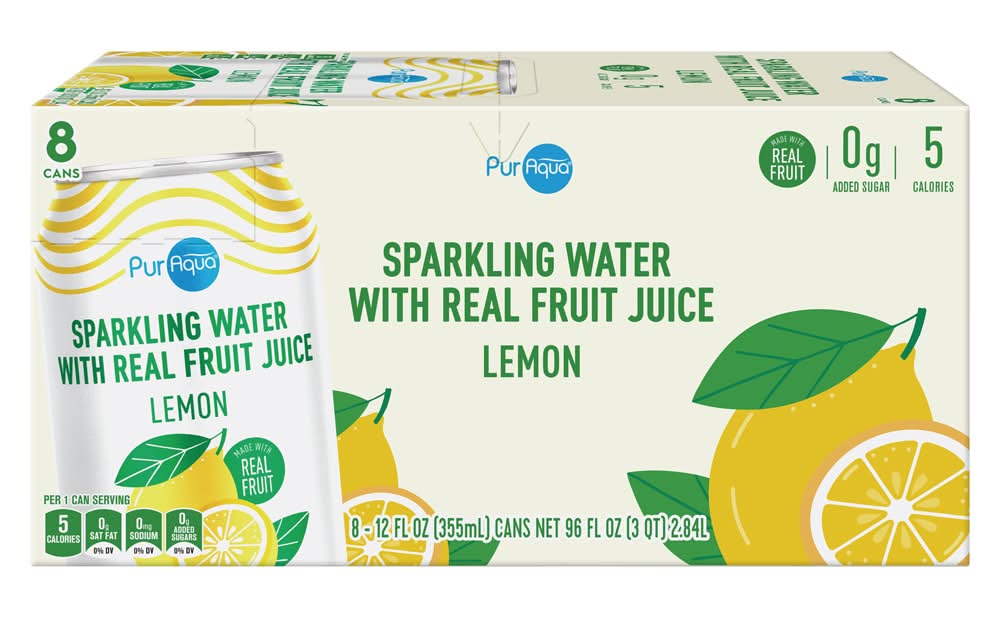 PurAqua Sparkling Water With Real Fruit Juice, Lemon (8 x 12 fl oz)