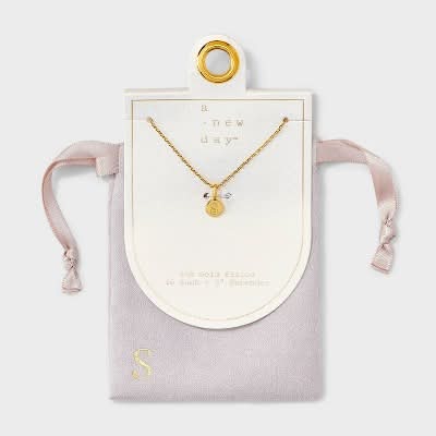 14K Gold Plated Round S Initial Necklace - A New Day™ Gold: Cable Chain, Spring Ring Clasp, Cubic Zirconia Stone