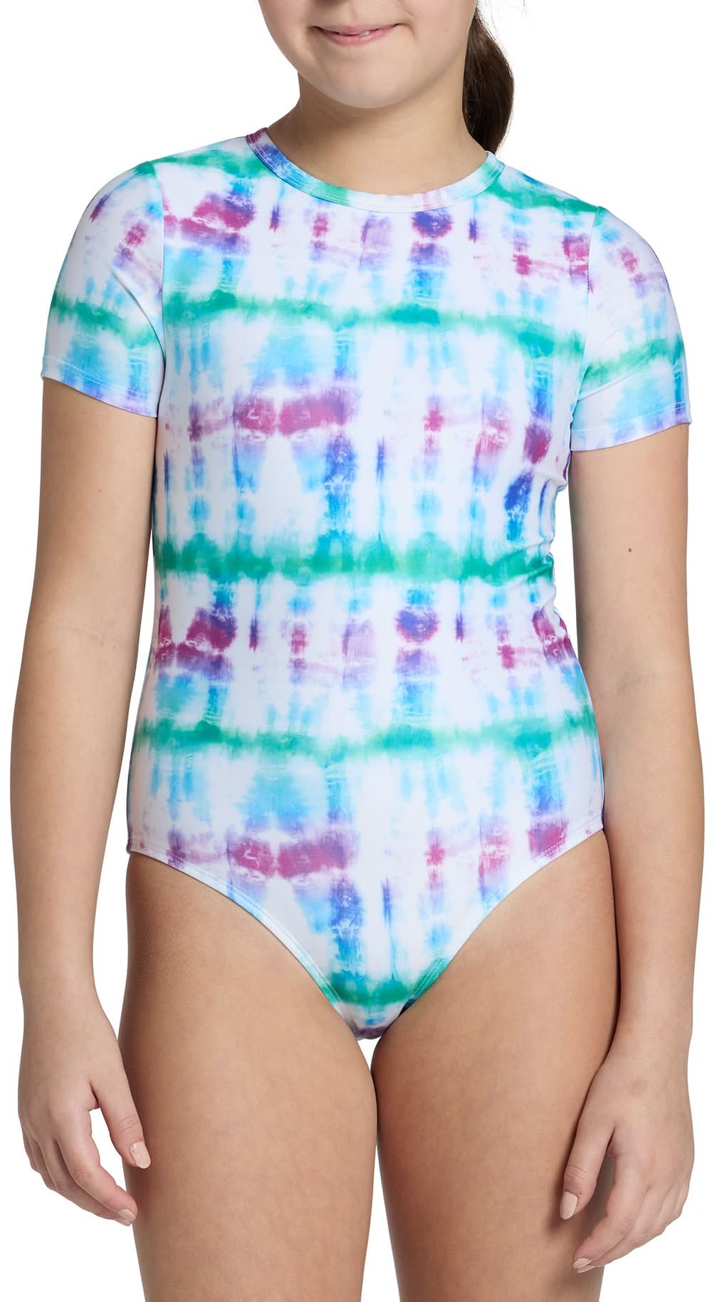 DSG Girls' Short Sleeve One Piece Swimsuit (Tide Dye Multi, M)