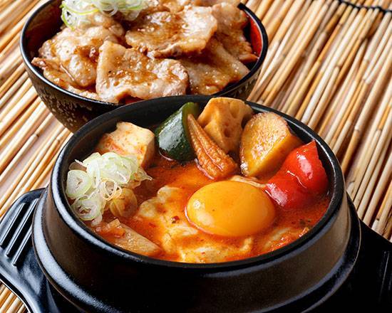 ごろごろ野菜チーズスンドゥブ～ミニカルビ丼セット～ Vegetables and Cheese Sundubu with Kalbi Rice Bowl Set