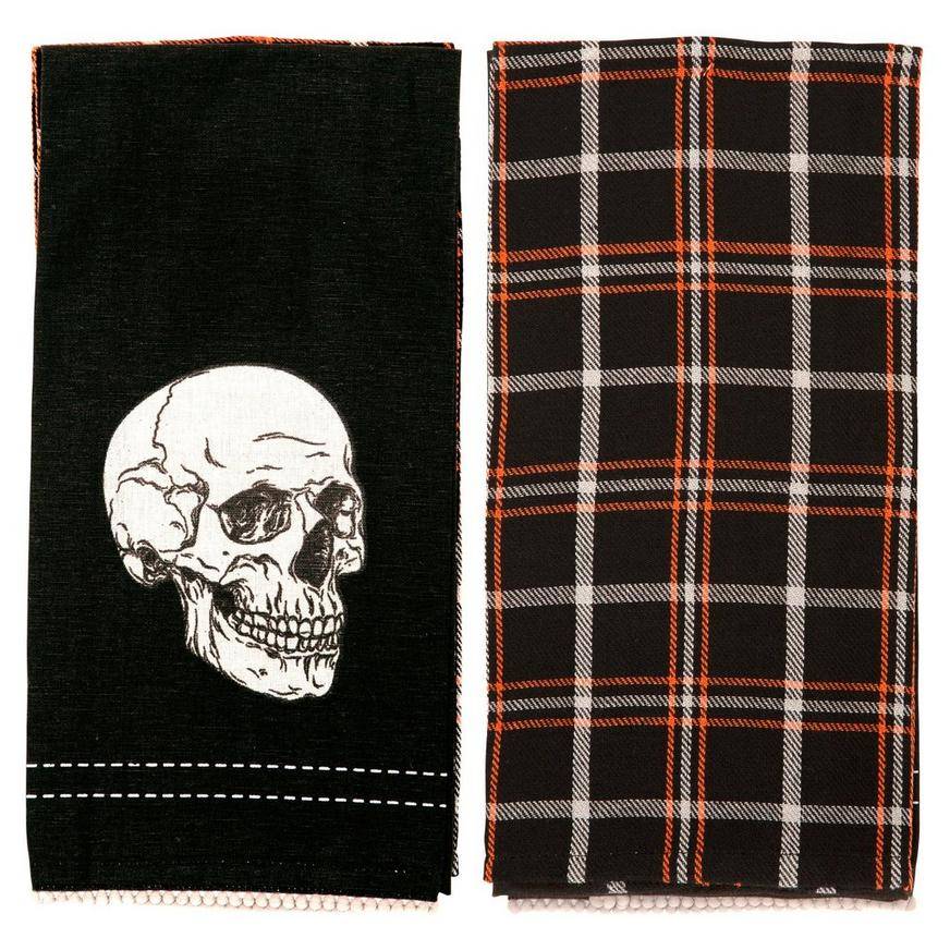 Party City Skull Plaid Fabric Kitchen Towels, Black (2 ct)