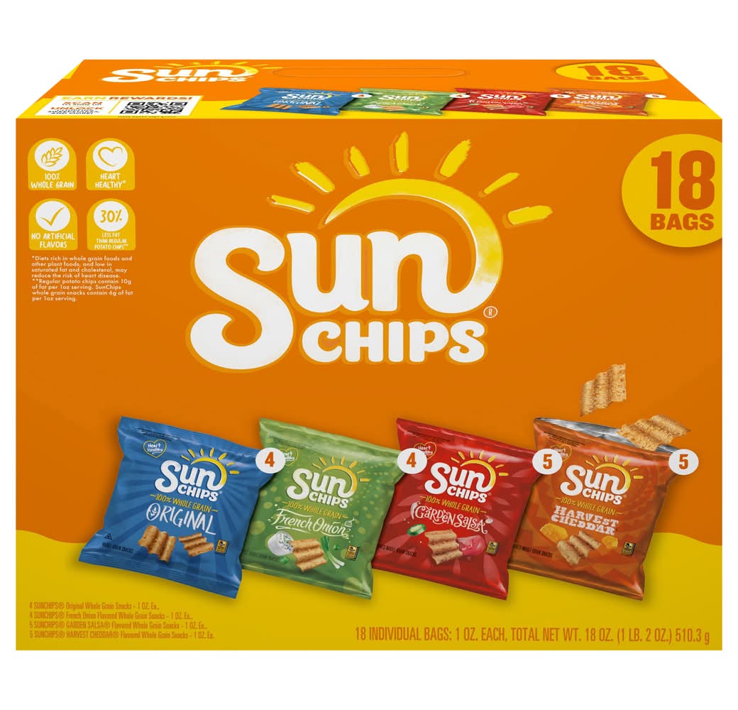 Sun Chips Whole Grain Chips Variety pack, Original-French Onion-Garden Salsa-Harvest Cheddar (18 x 1 oz)