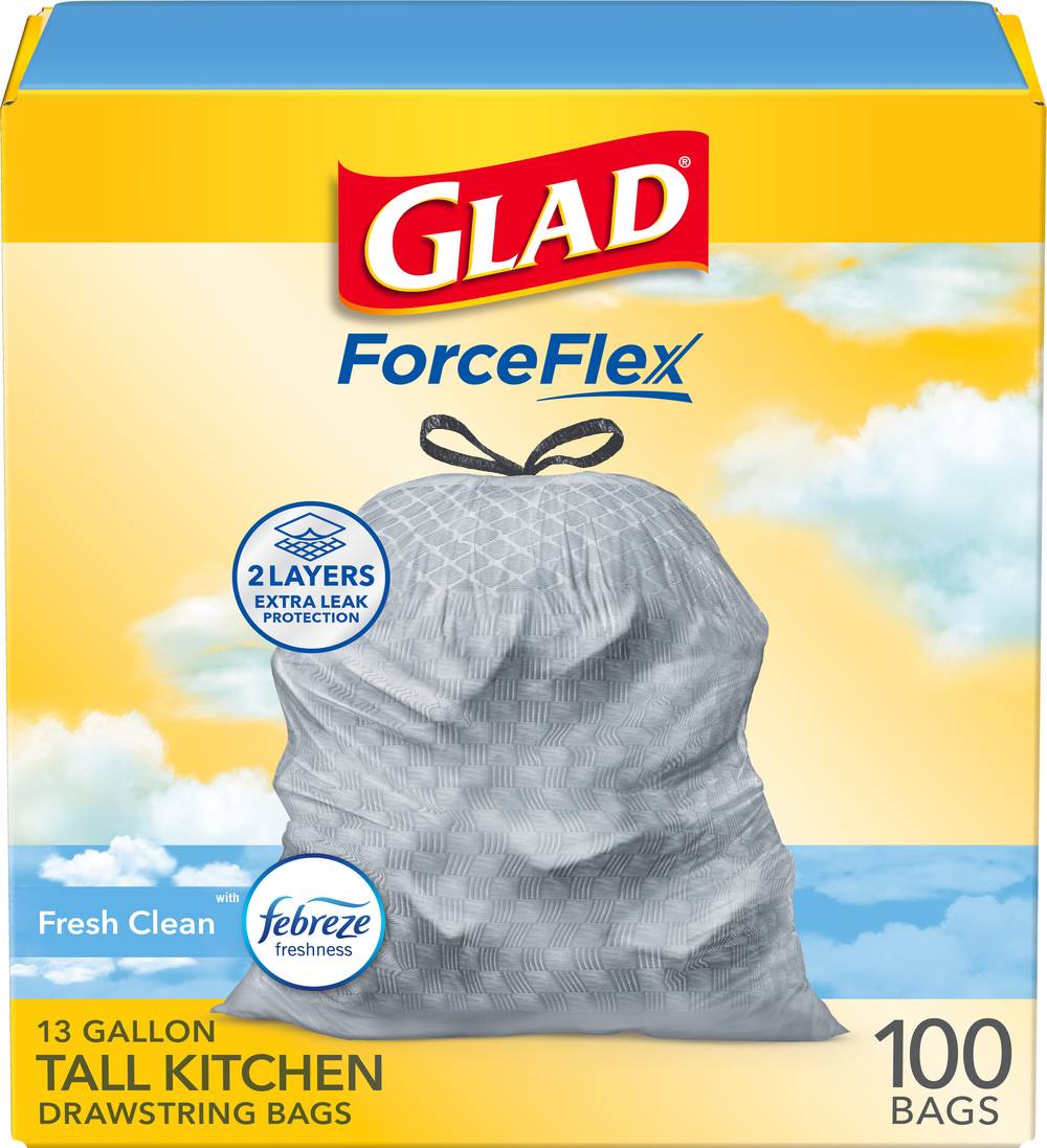 Glad ForceFlex 13-Gallons Febreze Fresh Clean White Plastic Kitchen Drawstring Trash Bag (100-Count) | 1258779125