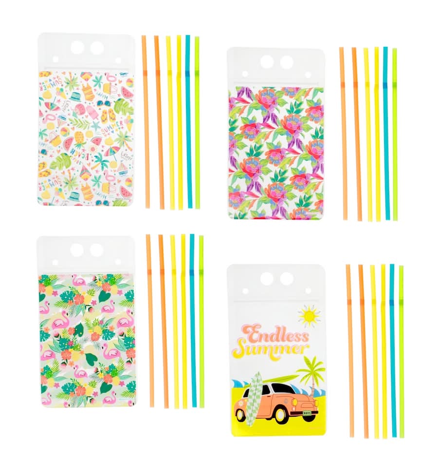Assorted Summer Drink Pouches with Straws, 5x9 in.
