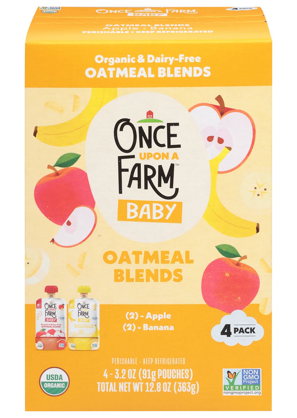Once Upon a Farm Oatmeal Blends Organic Baby Food, Apple-Banana (12.8 oz, 4 ct)