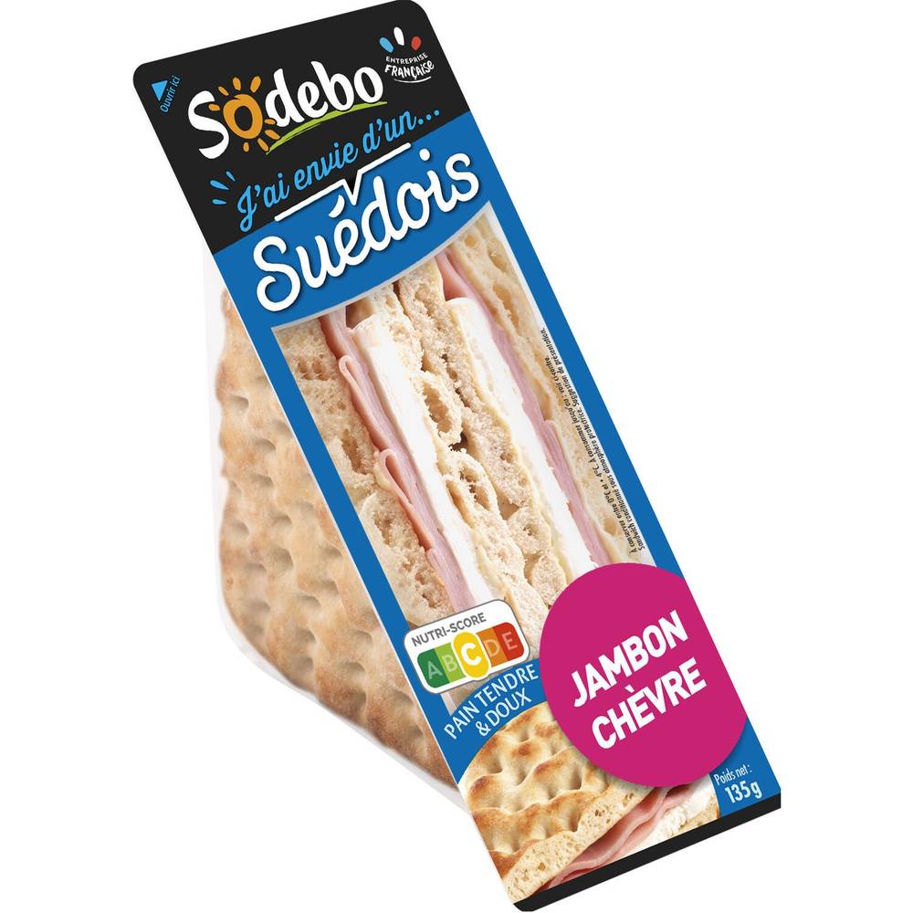 Sandwichs club pain suédois jambon chèvre SODEBO - 2 clubs triangles - 135 g