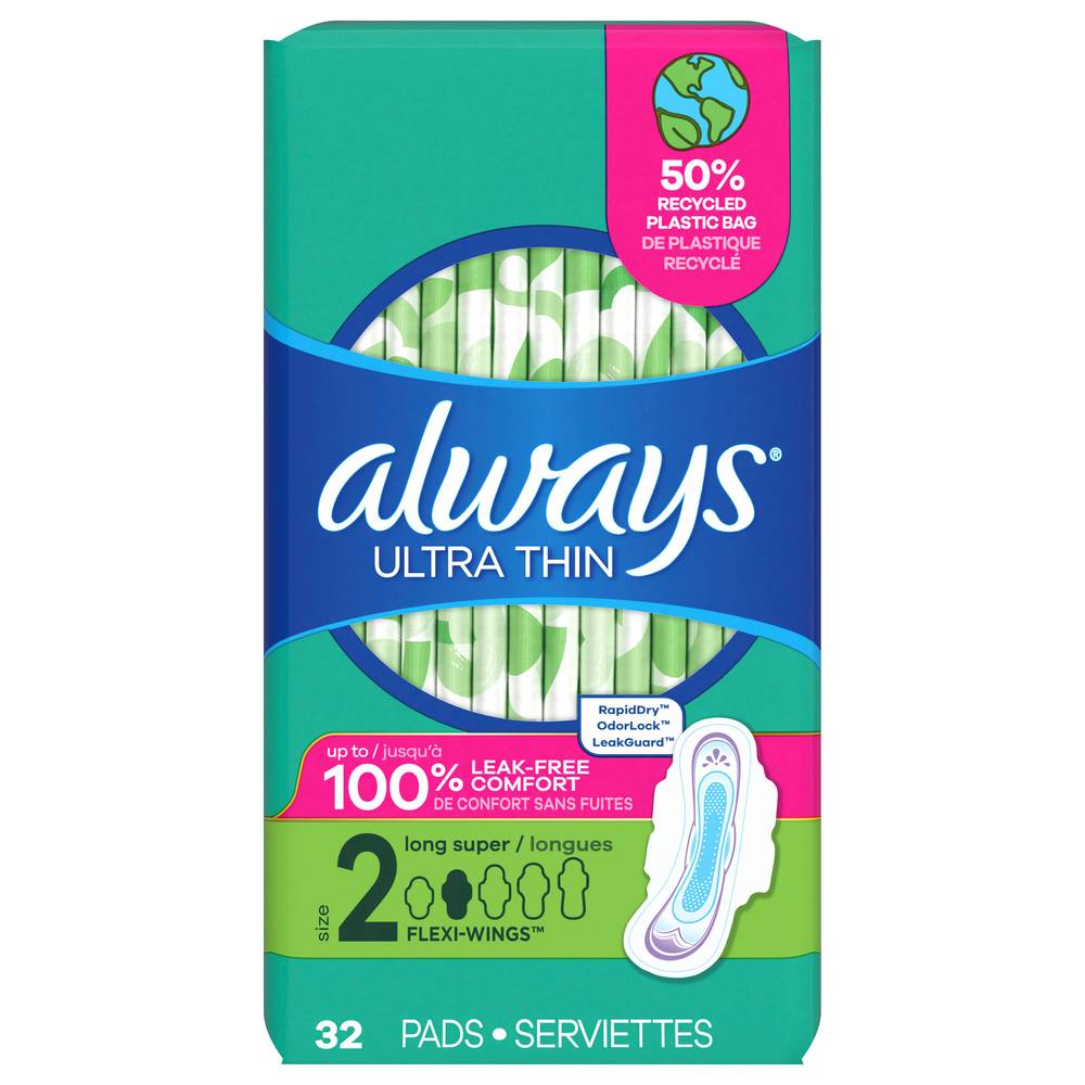 Always Ultra Thin Long Super Absorbency Pads With Flexi-Wings (32 ct)