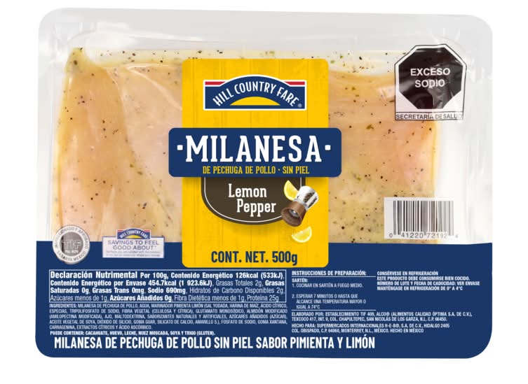 Hill Country Fare · Milanesa de pechuga de pollo sin piel, pimienta-limón (500 g)