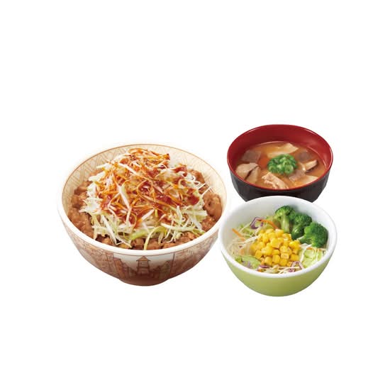赤だれ白髪ねぎ牛丼とん汁サラダセットShredded Leek Gyudon with Spicy Red Sauce & Pork Miso Soup & Salad