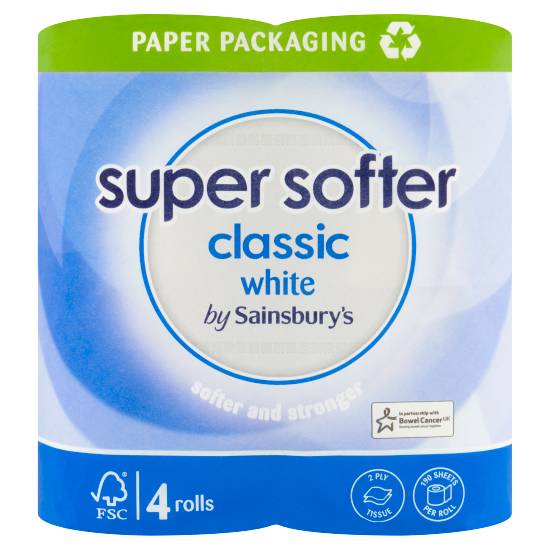 Sainsbury's White, Super Softer Classic 2 Ply Tissue Rolls (4 pack)