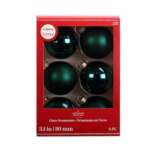 Ashland Matte & Shiny Glass Ball Ornaments, 3.1 in, Dark Forest Green (6 ct)