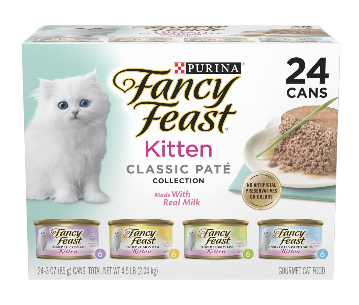 Purina Fancy Feast Classic Paté Collection Wet Cat Food Variety pack, Tender Chicken Feast-Tender Salmon Feast-Tender Turkey Feast-Tender Ocean Whitefish Feast, Kitten (24 x 3 oz)