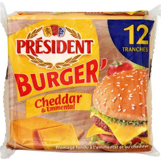 Fromage en Tranches à Burger Cheddar et Emmental PRESIDENT - le paquet de 12 tranches - 200 g