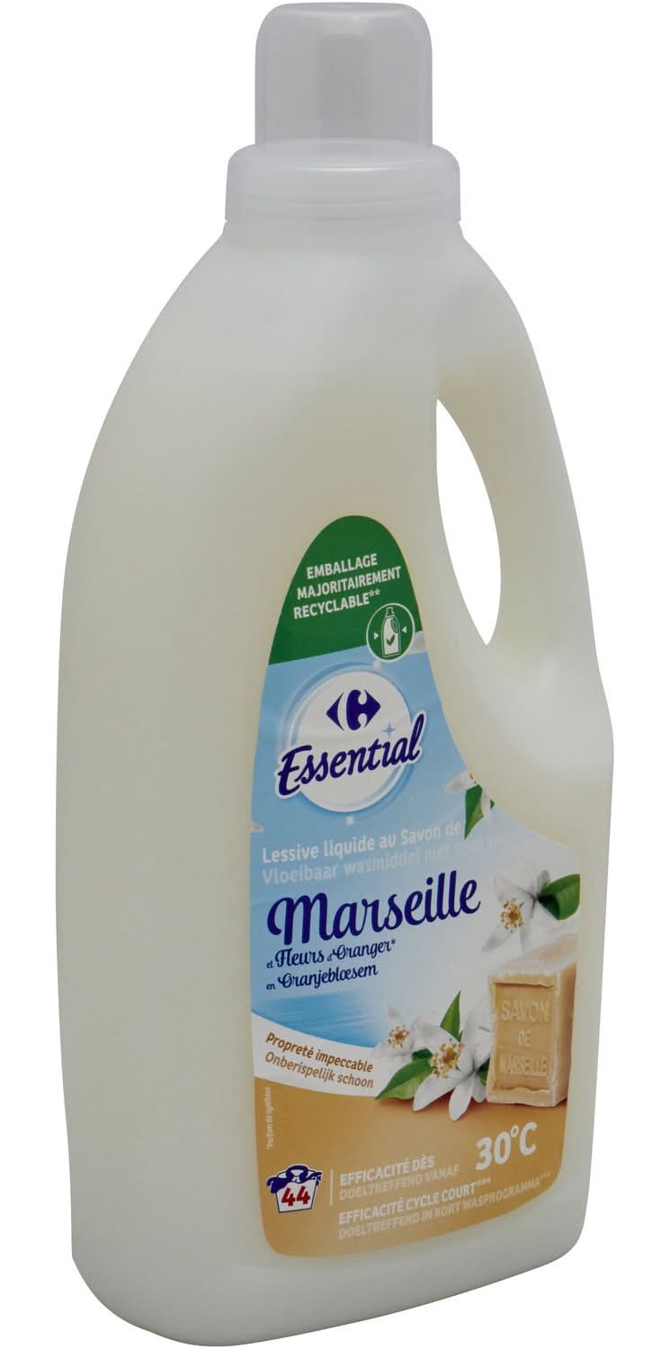 Carrefour Essential - Lessive liquide au savon de marseille 44 lavages, fleurs d'oranger (1,98L)
