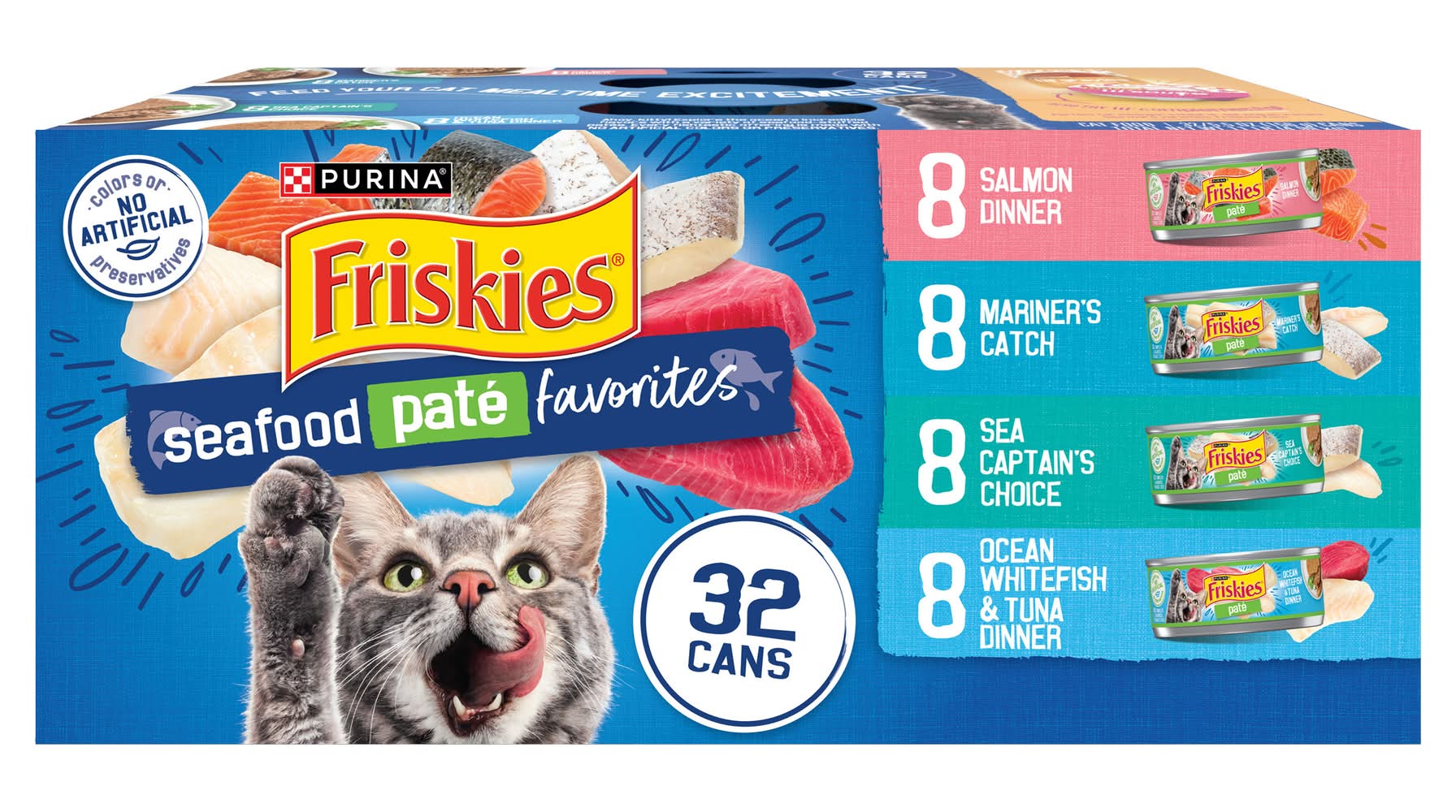 Purina Friskies Seafood Pate Favorites Variety pack Wet Cat Food, Salmon Dinner-Mariner's Catch-Sea Captain's Choice-Ocean Whitefish & Tuna Dinner (32 x 5.5 oz)