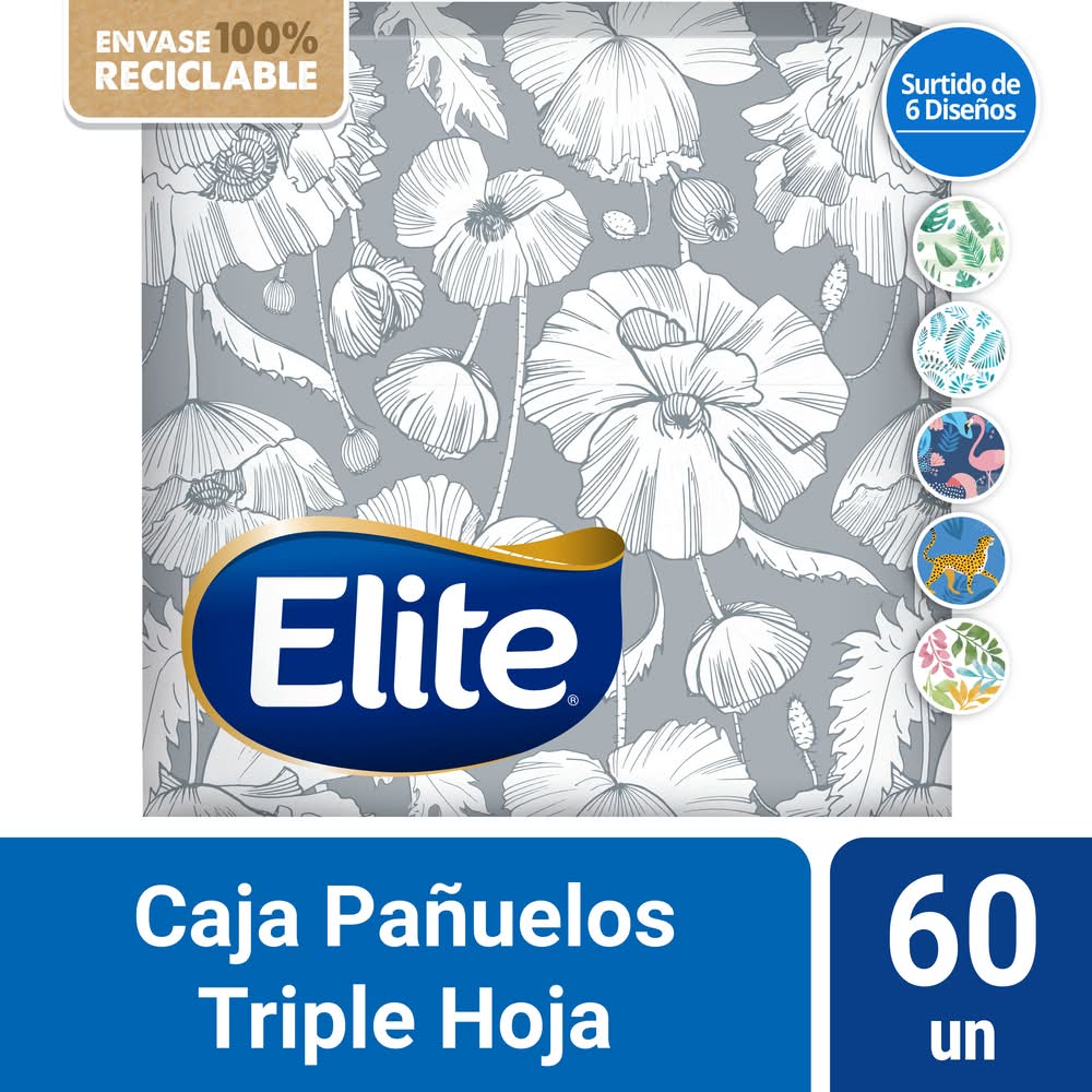 Elite · Pañuelos faciales triple hoja desechables - 21x21 cm (60 un)