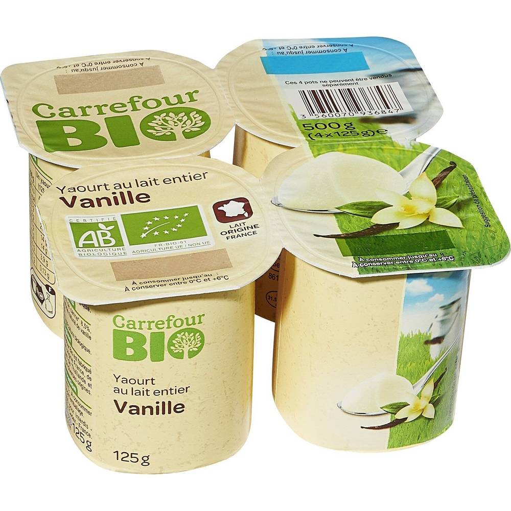 Yaourt lait entier vanille CARREFOUR BIO - les 4 pots de 125g