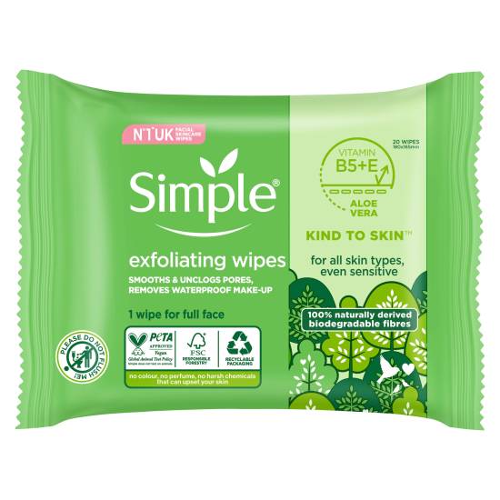 Simple Kind To Skin Biodegradable Facial Wipes Exfoliating (20 ct)