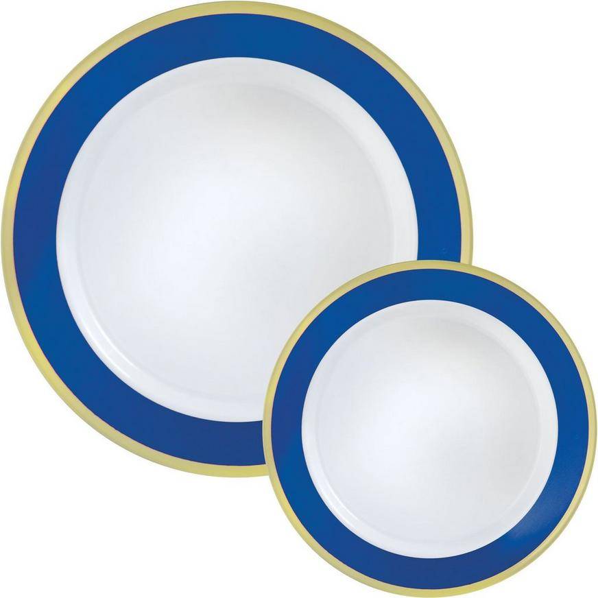 Round Premium Plastic Dinner (10.25in) Dessert (7.5in) Plates with Royal Blue Gold Border, 20ct
