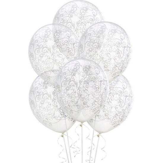 Uninflated 6ct, 12in, Clear Filigree Balloons